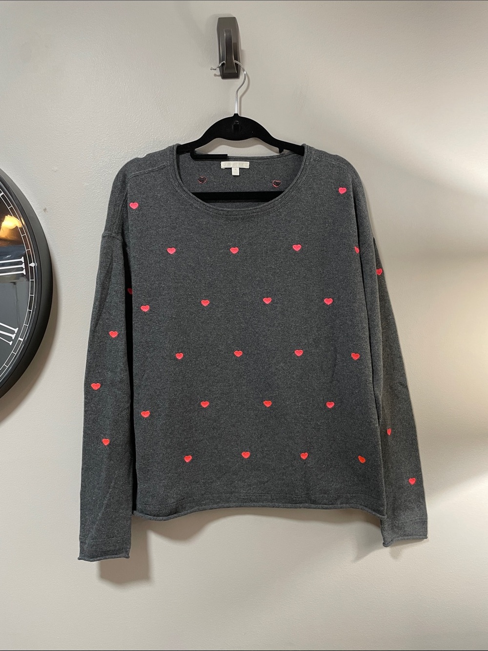 Lisa Todd Charcoal Crewneck Cotton Cashmere Blend Sweater with Pink Heart Motif